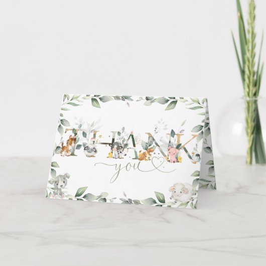 おしゃれな農場の動物と緑のベビーシャワー・誕生日 サンキューカード (正面)