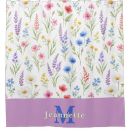 おしゃれな野の花の水彩花モノグラム 名前 シャワーカーテン