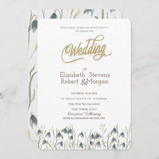 おしゃれな野生の花のスノードロップス ウェディング 招待状 (正面/裏面)