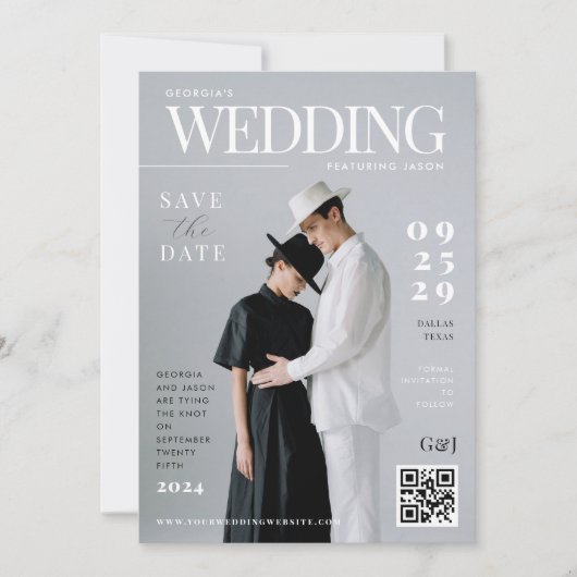 おしゃれな雑誌の表紙風のユニークな結婚式招待状 セーブザデート