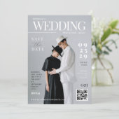 おしゃれな雑誌の表紙風のユニークな結婚式招待状 セーブザデート (スタンド正面)