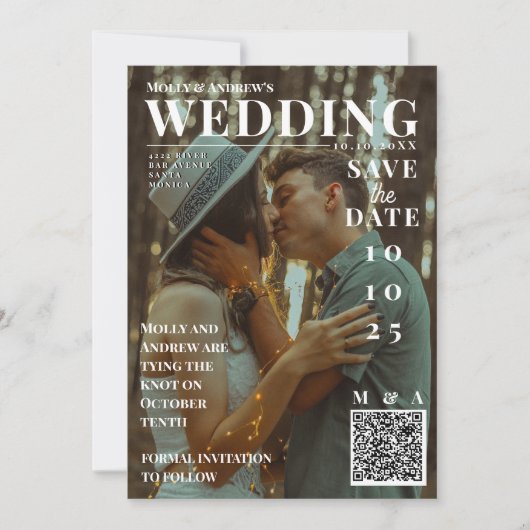 おしゃれな雑誌の表紙風の写真を使ったユニークな結婚式のSave the Dateカード 招待状 (正面)