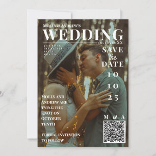 おしゃれな雑誌の表紙風の写真を使ったユニークな結婚式のSave the Dateカード 招待状