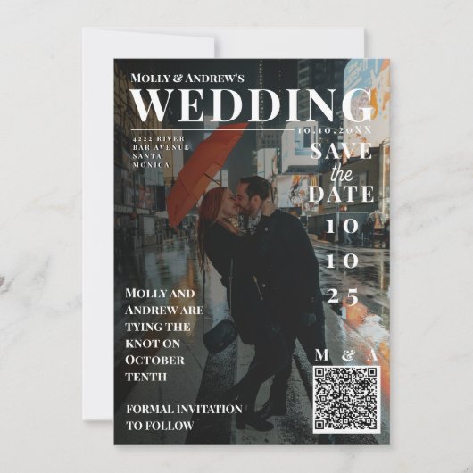 おしゃれな雑誌の表紙風の写真を使ったユニークな結婚式のSave the Dateカード 招待状 (正面)