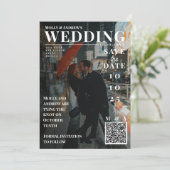 おしゃれな雑誌の表紙風の写真を使ったユニークな結婚式のSave the Dateカード 招待状 (スタンド正面)