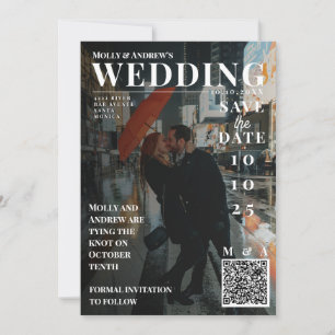 おしゃれな雑誌の表紙風の写真を使ったユニークな結婚式のSave the Dateカード 招待状