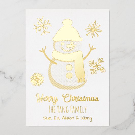 おしゃれな雪だるまの写真入りクリスマスカード 箔シーズンカード (正面)