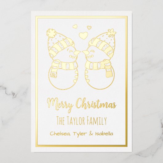 おしゃれな雪だるまカップル 上品なオーダーメイド 箔シーズンカード (正面)