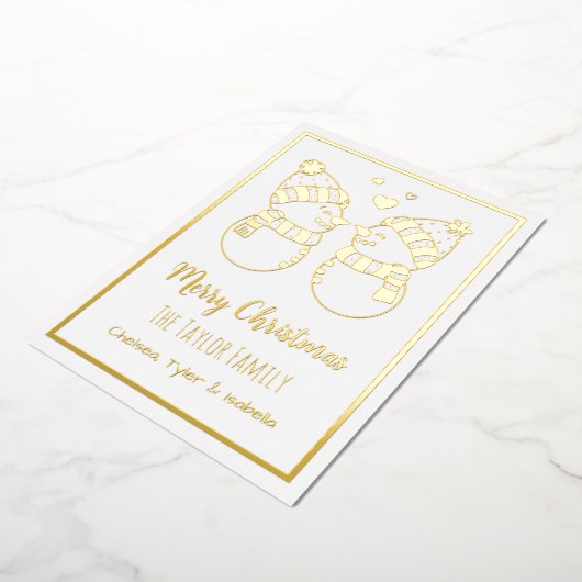 おしゃれな雪だるまカップル 上品なオーダーメイド 箔シーズンカード (回転した状態)