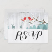 おしゃれな雪のワンダーランドの鳥と鹿の冬の結婚式の出欠確認 インビテーションポストカード (正面/裏面)