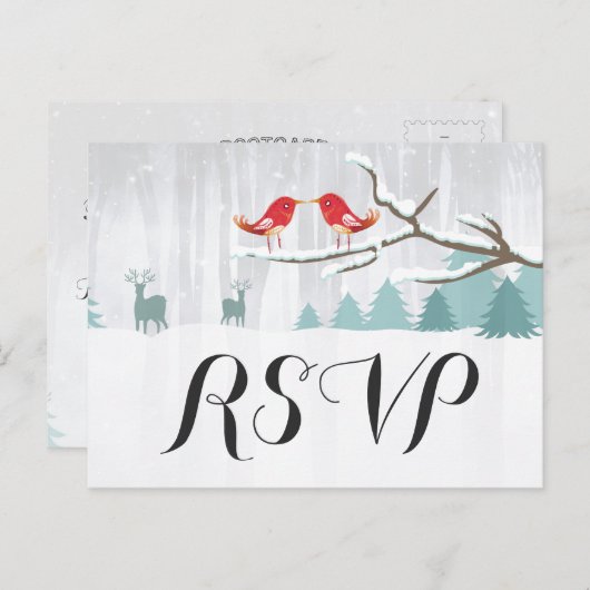おしゃれな雪のワンダーランドの鳥と鹿の冬の結婚式の出欠確認 インビテーションポストカード (正面/裏面)