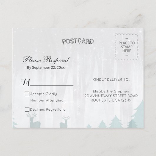 おしゃれな雪のワンダーランドの鳥と鹿の冬の結婚式の出欠確認 インビテーションポストカード (裏面)