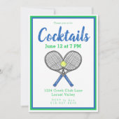 おしゃれな青いテニスラケットのカクテルパーティー 招待状 (正面)