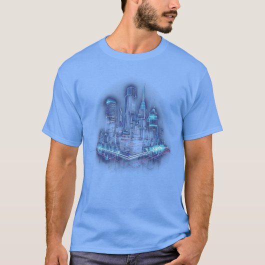 おしゃれな青いネオン街の家族 Tシャツ (正面)