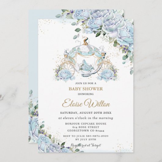 おしゃれな青いバラのプリンセスベビーシャワー 招待状 (正面/裏面)