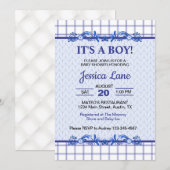 おしゃれな青いベイビーシャワーの男の子 招待状 (正面/裏面)