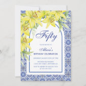 おしゃれな青いポルトガル風アズレージョのユリの花の誕生日 招待状 (正面)