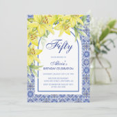 おしゃれな青いポルトガル風アズレージョのユリの花の誕生日 招待状 (スタンド正面)