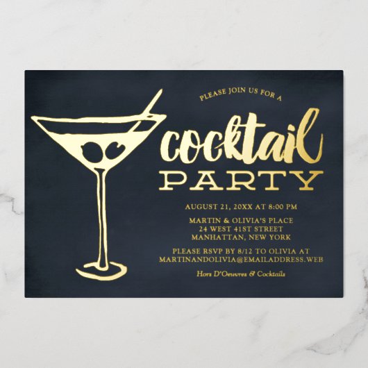 おしゃれな青いマティーニグラス パーティー 箔招待状 (正面)