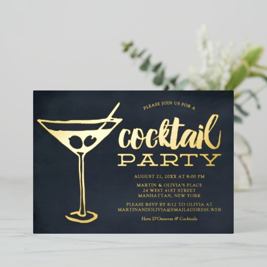 おしゃれな青いマティーニグラス パーティー 箔招待状 (立ち正面)