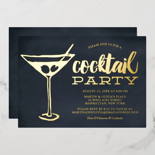 おしゃれな青いマティーニグラス パーティー 箔招待状 (正面/裏面)