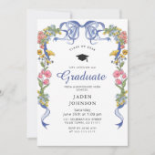 おしゃれな青いリボンのコケティ（写真）卒業パーティー 招待状 (正面)