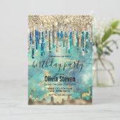 おしゃれな青とターコイズとゴールドのグリッター垂れモノグラム 招待状 (スタンド正面)