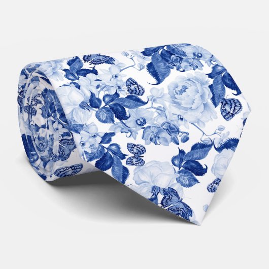 おしゃれな青と白のボタニカル花柄 ネクタイ (ロール)