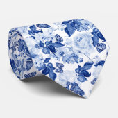おしゃれな青と白の植物花柄 ネクタイ (ロール)