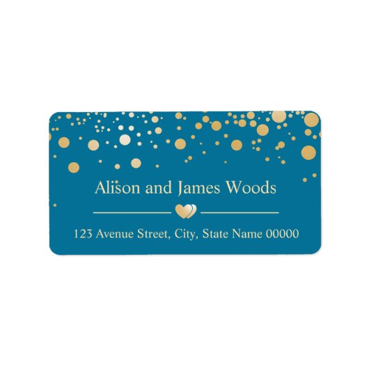 おしゃれな青と金のコンフェッティドット ウェディングラブハート ラベル (正面)