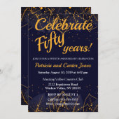 おしゃれな青と金の50周年招待状 招待状 (正面/裏面)