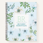 おしゃれな青の水彩花柄パーソナライズ ノートブック (正面)