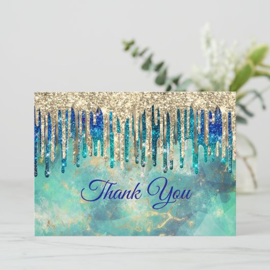 おしゃれな青ターコイズゴールドの輝くドリップ サンキューカード (スタンド正面)