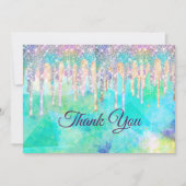 おしゃれな青水色のユニコーンがきらきらと輝くグリッターを垂らす サンキューカード (正面)