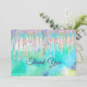 おしゃれな青水色のユニコーンがきらきらと輝くグリッター サンキューカード (スタンド正面)