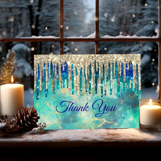 おしゃれな青緑色と金のグリッター垂れ込み サンキューカード