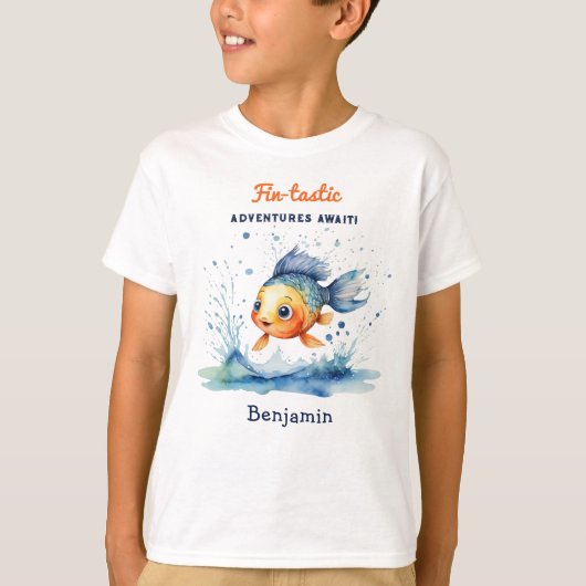 おしゃれな飛び跳ねる魚のオリジナルデザイン Tシャツ (正面)
