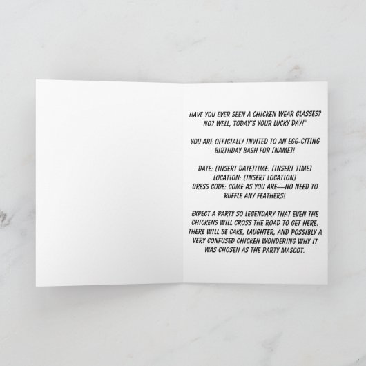 おしゃれな鶏の面白い誕生日カード 招待状 (内部)