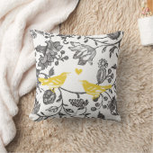 おしゃれな黄色と灰色と白の花鳥模様 クッション (ブランケット)