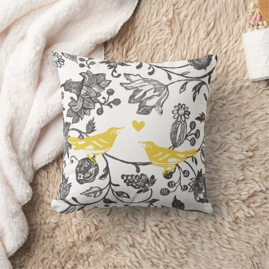 おしゃれな黄色と灰色と白の花鳥模様 クッション (ブランケット)