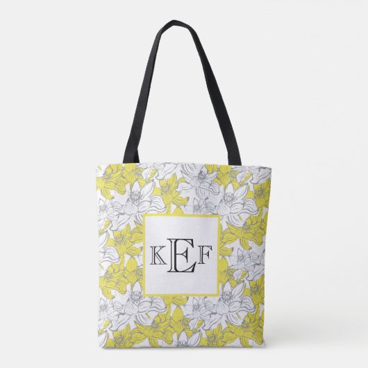 おしゃれな黄色と灰色の白い花柄のトートバッグにモノグラムを入れて。 トートバッグ (裏面)