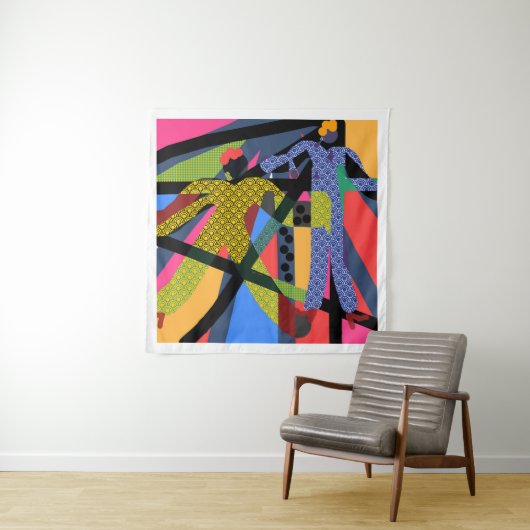 おしゃれな黄色と青の女性 タペストリー (インサイチュ)