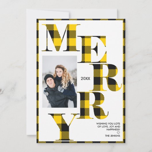 おしゃれな黄色のバフロー柄縦写真ホリデー 招待状 (正面)