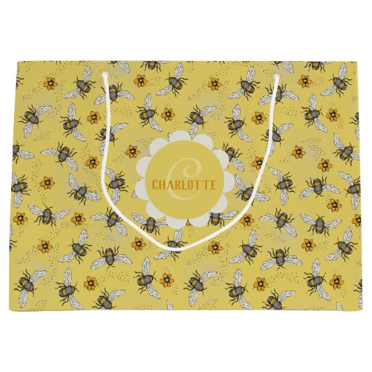 おしゃれな黄色の春夏のはちみつバズ  ラージペーパーバッグ (正面)