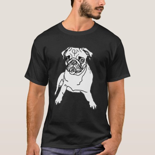 おしゃれな黒いシャツ 黒と白のパグの犬のイラスト Tシャツ (正面)