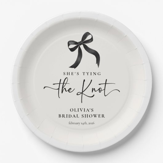 おしゃれな黒いリボンの結婚前お祝いパーティー ペーパープレート (正面)