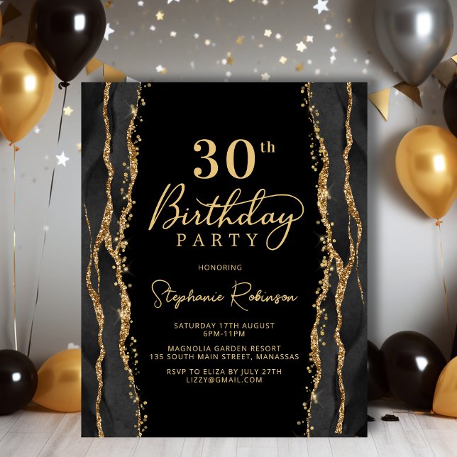 おしゃれな黒とゴールドの30歳の誕生日招待状 (クリエイターアップロード済み)