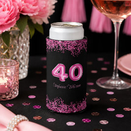 おしゃれな黒とピンクのラメ 40歳の誕生日 スリム缶クーラー