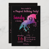 おしゃれな黒とピンクの魔法のユニコーン誕生日 招待状 (正面/裏面)