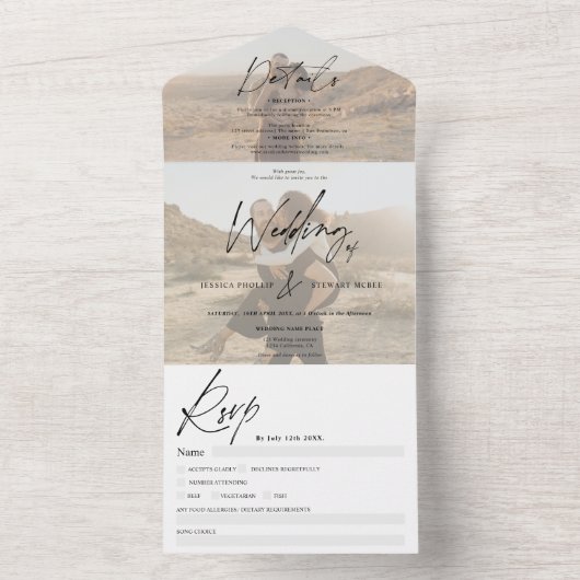 おしゃれな黒と白のエレガントなスクリプト　2枚の写真　結婚式 オールインワン招待状 (内側)